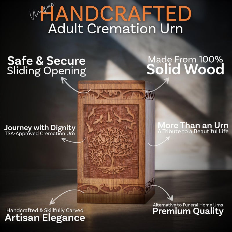 INTAJ Handcarved Wooden Cremation Urn for Human Ashes - Tree of Life Design, 180 lbs Capacity, Suitable for Adult Men and Women - Decorative Funeral Urn Box and Casket - Wooden Carved Box - Image 4